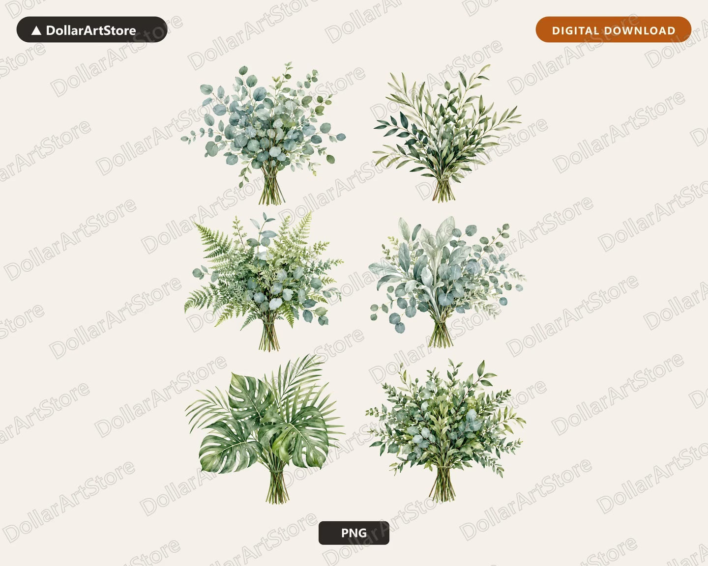 Greenery Bouquets Clipart PNG, Watercolor Botanical Clip Art, Digital Download