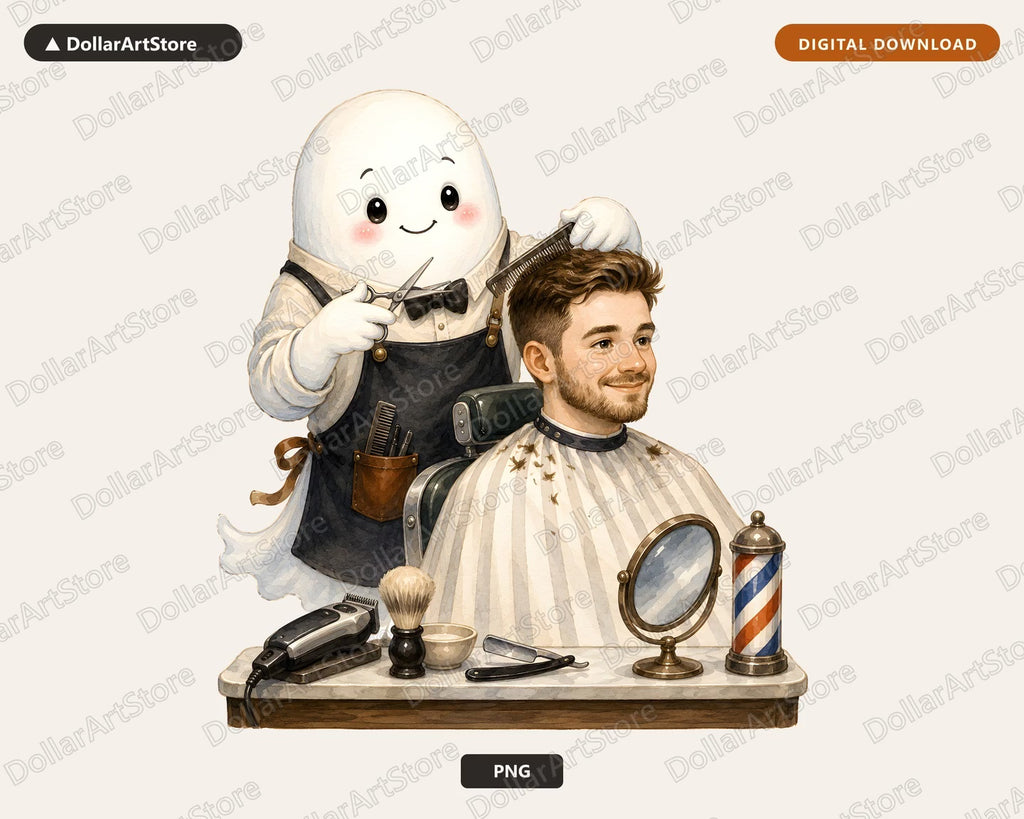 Cute Ghost Barber PNG, Sublimation Design, Shirt Design Digital Download